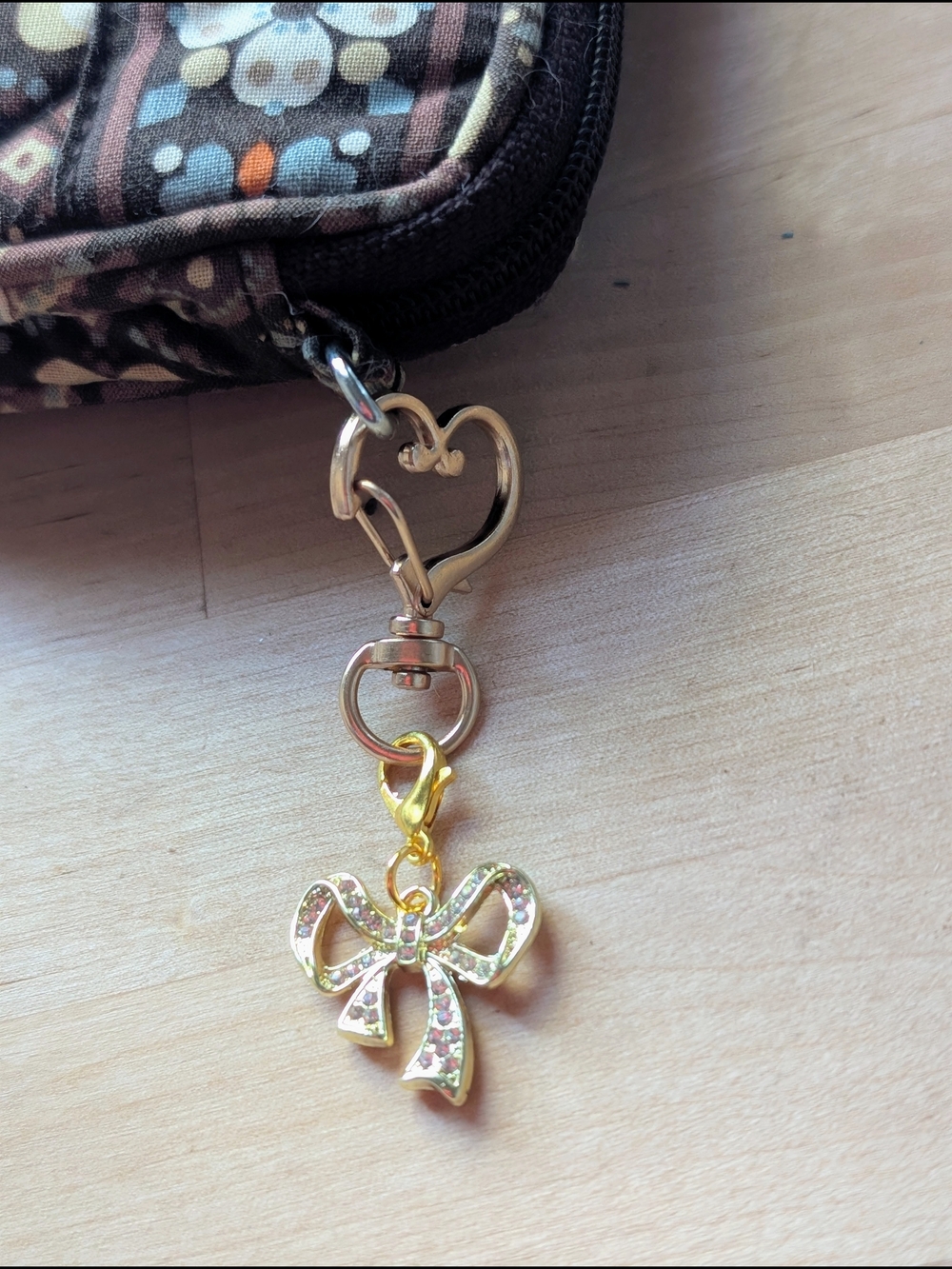 Gold Bow Charm Keychain with Heart Clasp